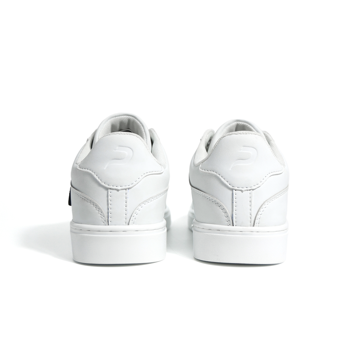 Back view product shot of white Pulse Dance Shoes dance sneakers with heel logos and clean white soles on a white background