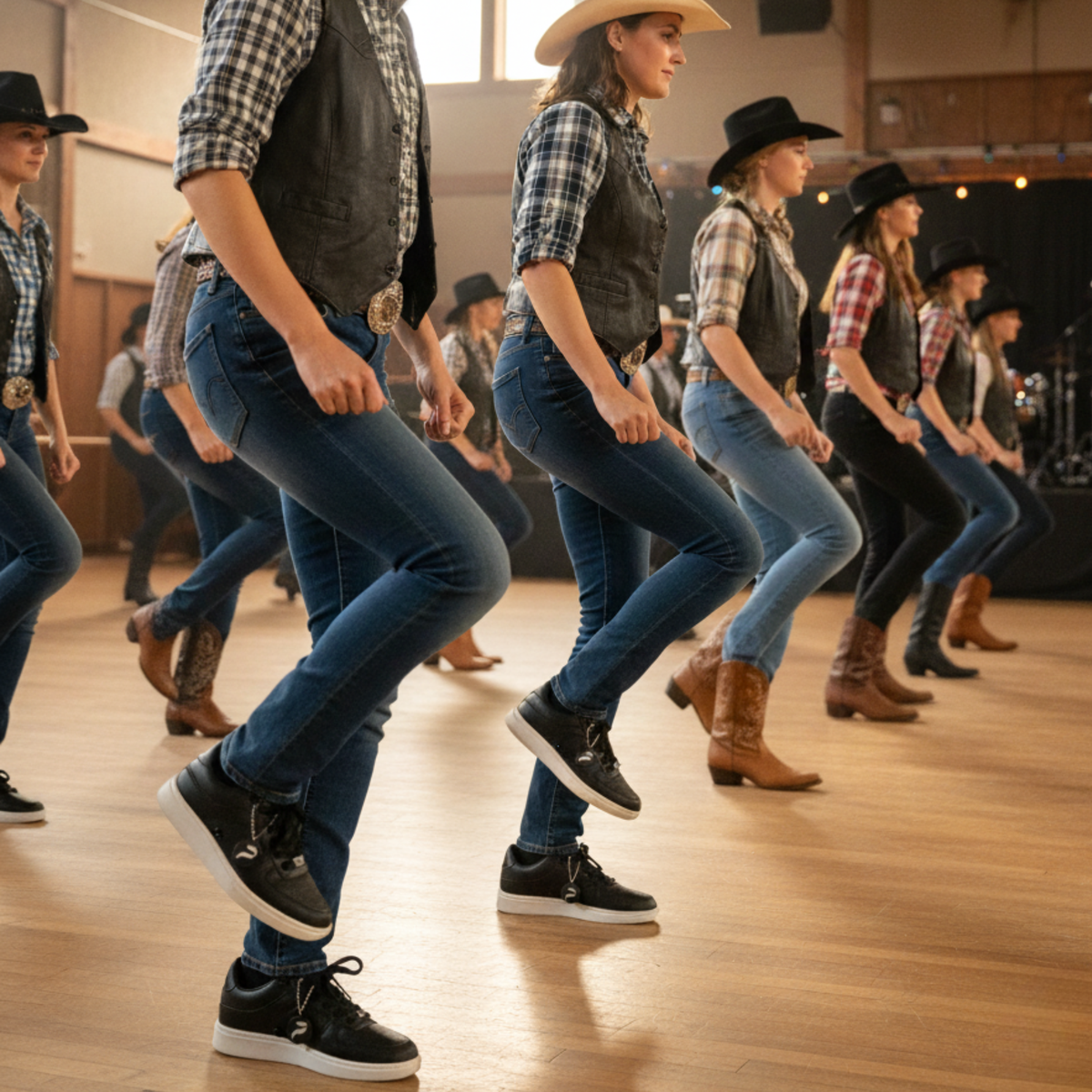 Line dancers in a wooden hall, some in cowboy boots and some in black Pulse Dance Shoes dance sneakers