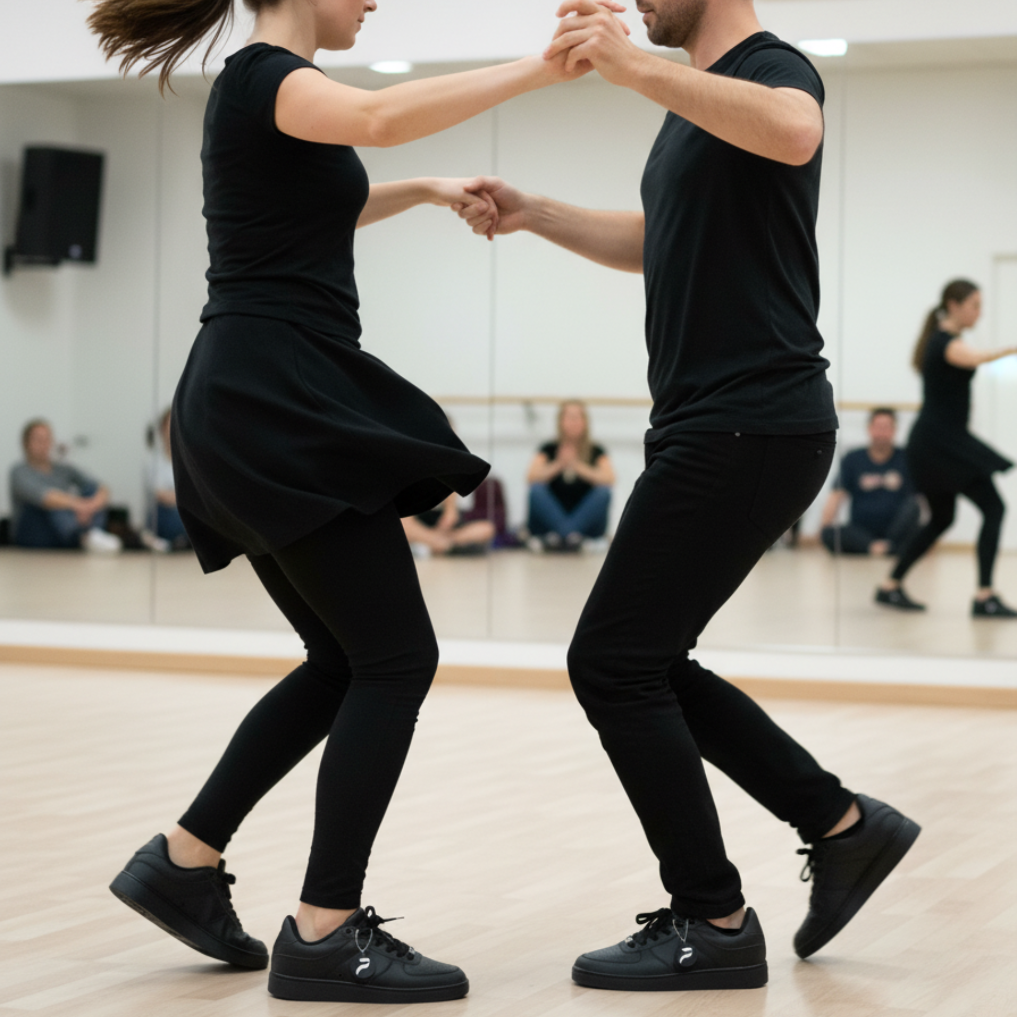 Two dancers in a dance studio, performing a routine. Wearing black pulse dance sneakers