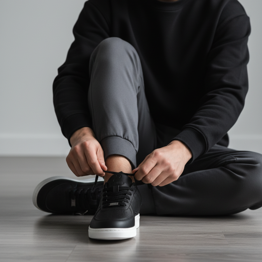 Person sitting on the floor tying black dance sneakers with a neutral background